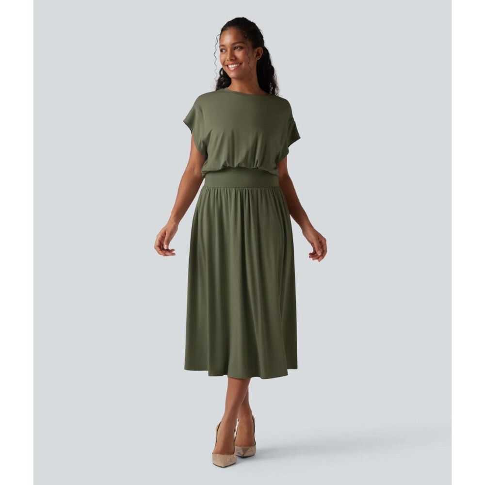 HALARA Tummy Control Batwing Sleeve Flowy Midi Dress with Pockets, XL